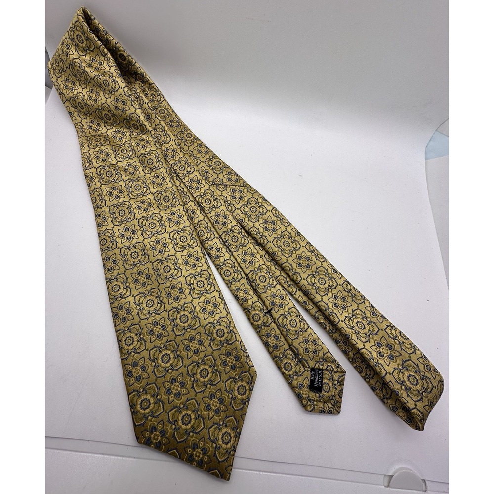 🇺🇲 David Donahue Silk Tie Made In USA Woven In Italy Gold Blue Geometric EUC!